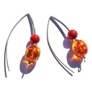 Amber & Red Jasper Sterling Silver Drop Earrings Long Ear Wire